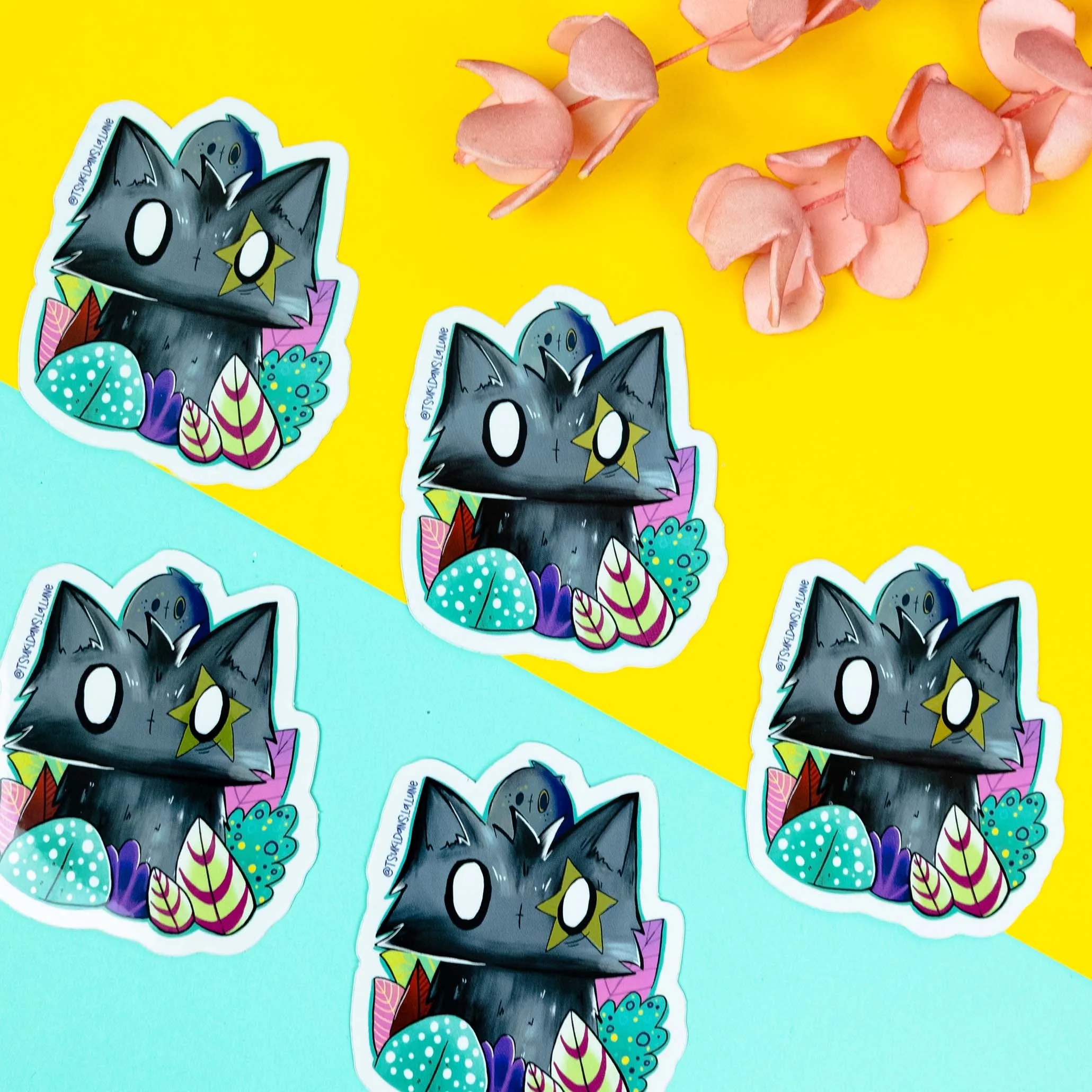 Sticker chat noir mignon effet miroir Création originale par Tsuki dans la lune