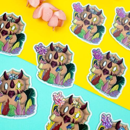 Sticker Pailleté - Le Tricératops & son chaton