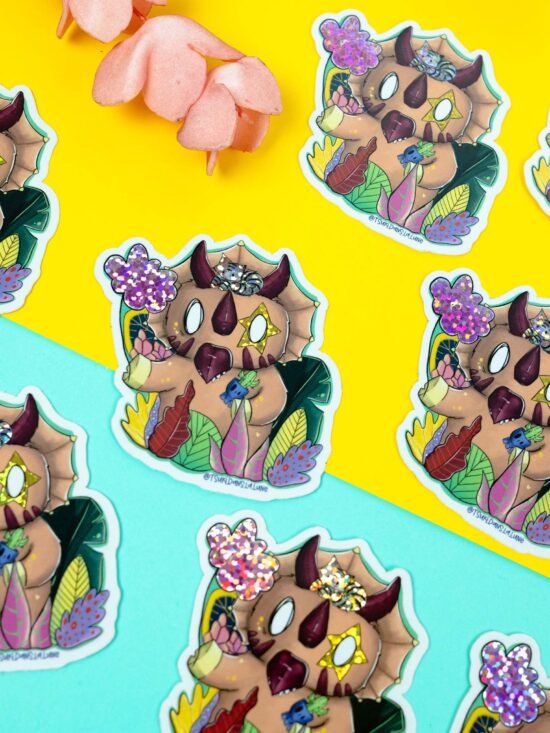 Sticker Pailleté - Le Tricératops & son chaton
