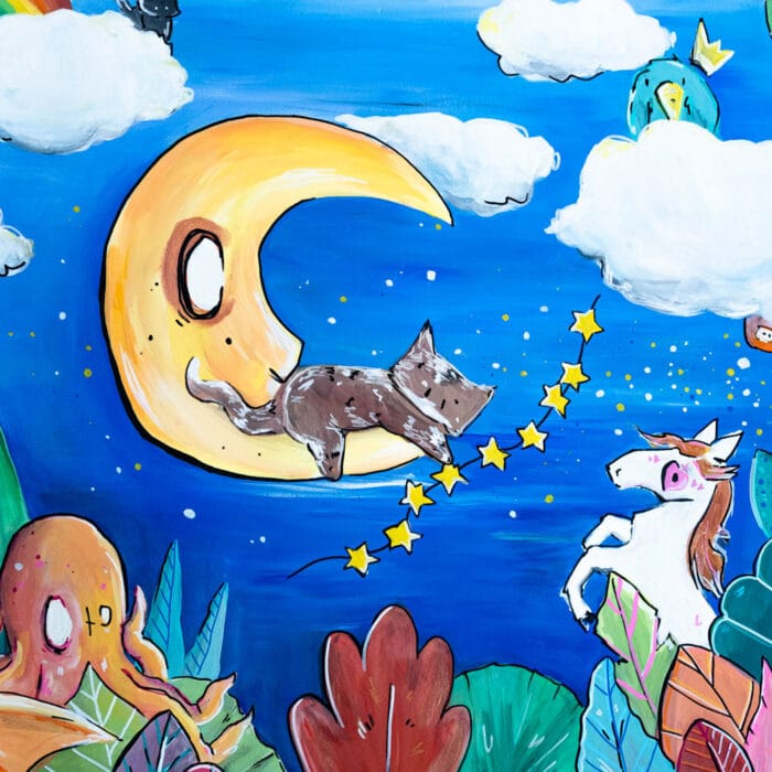 détails d'une Fresque réalisée par l'artiste Tsuki dans la lune. Peinture décorative pour une chambre