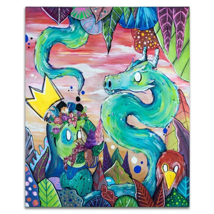 Tableau figuratif et coloré, inspiré de la Nature et du végétal . Réalisation par l'artiste Tsuki dans la lune