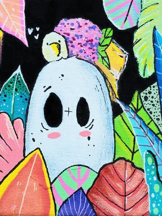 Tableau figuratif et coloré, inspiré de la Nature et du végétal . Réalisation par l'artiste Tsuki dans la lune