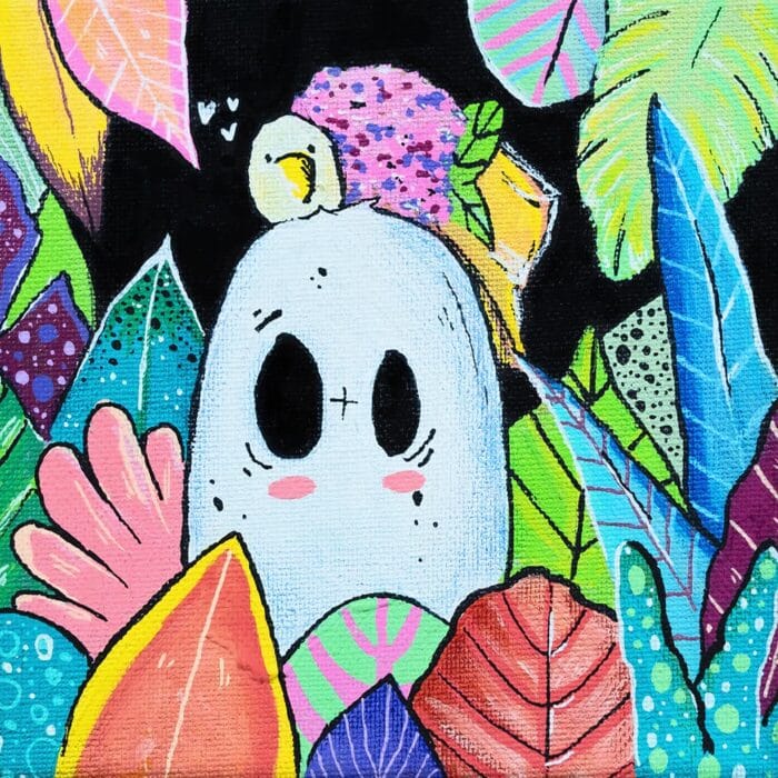 Tableau figuratif et coloré, inspiré de la Nature et du végétal . Réalisation par l'artiste Tsuki dans la lune