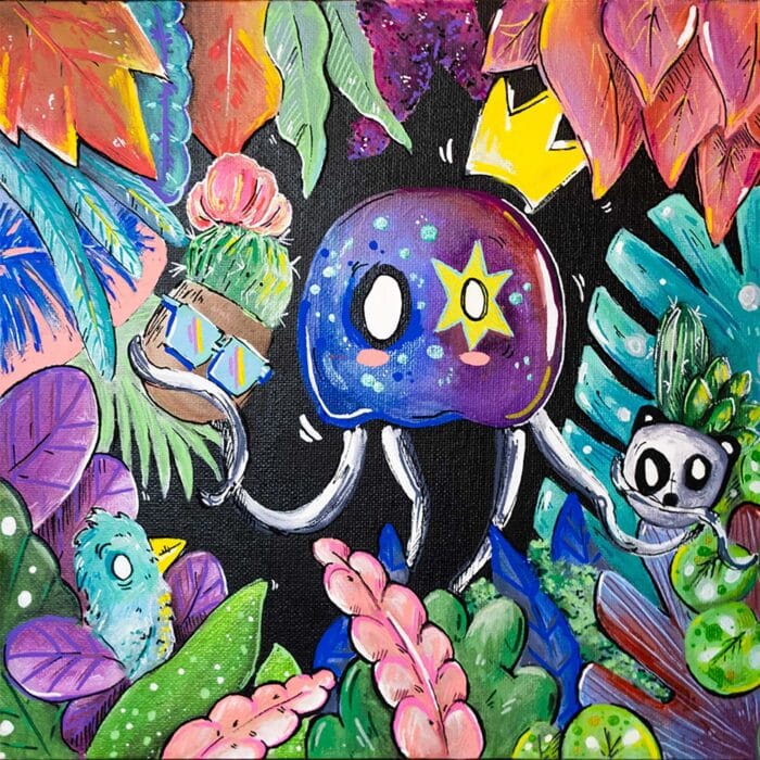 Tableau figuratif et coloré, inspiré de la Nature et du végétal . Réalisation par l'artiste Tsuki dans la lune