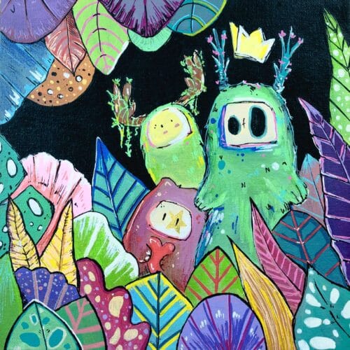 Tableau figuratif et coloré, inspiré de la Nature et du végétal . Réalisation par l'artiste Tsuki dans la lune