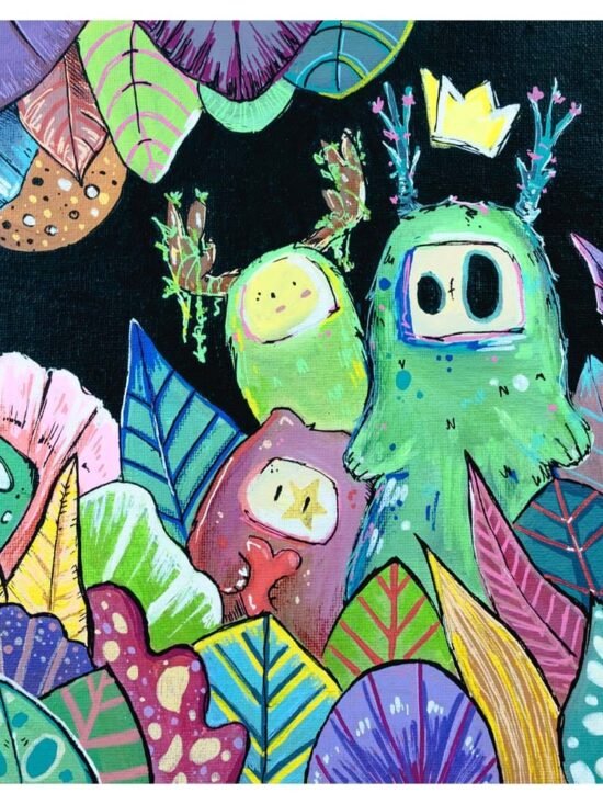 Tableau figuratif et coloré, inspiré de la Nature et du végétal . Réalisation par l'artiste Tsuki dans la lune