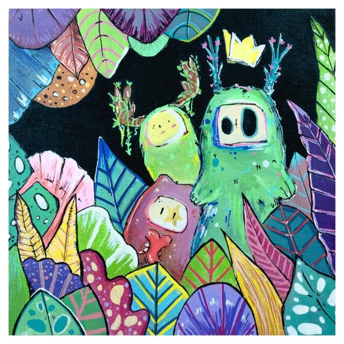 Tableau figuratif et coloré, inspiré de la Nature et du végétal . Réalisation par l'artiste Tsuki dans la lune