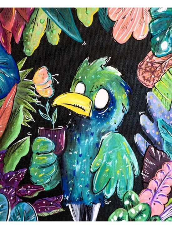 Tableau figuratif et coloré, inspiré de la Nature et du végétal . Réalisation par l'artiste Tsuki dans la lune