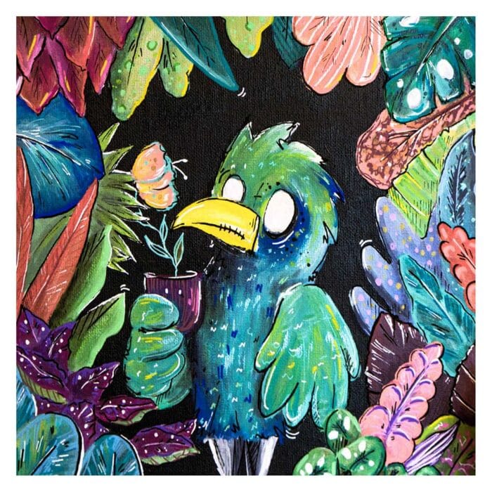 Tableau figuratif et coloré, inspiré de la Nature et du végétal . Réalisation par l'artiste Tsuki dans la lune