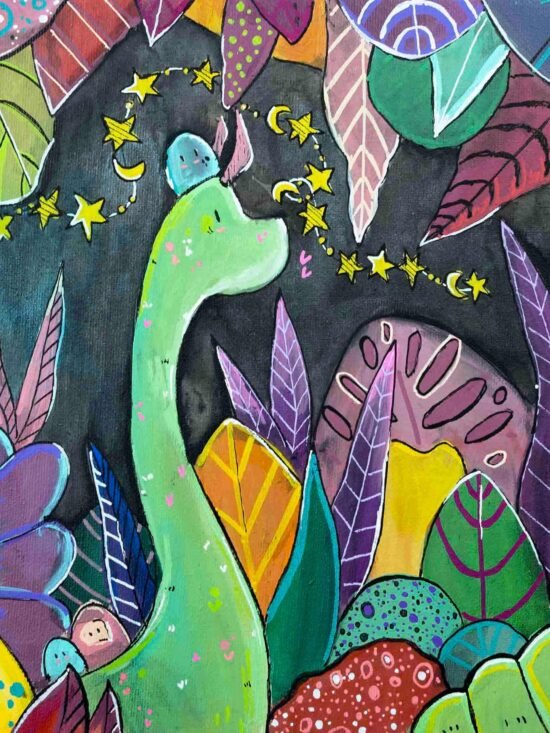 Tableau figuratif et coloré, inspiré de la Nature et du végétal . Réalisation par l'artiste Tsuki dans la lune