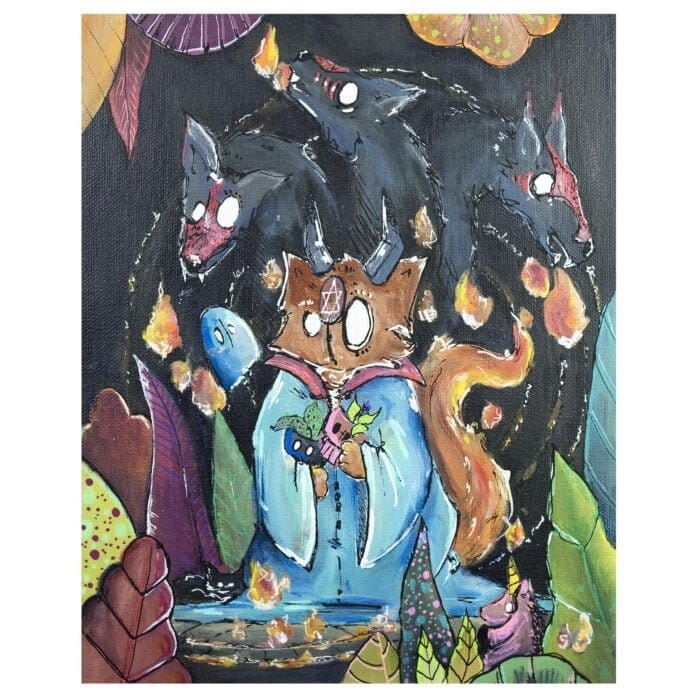 Tableau figuratif et coloré, inspiré de la Nature et du végétal . Réalisation par l'artiste Tsuki dans la lune