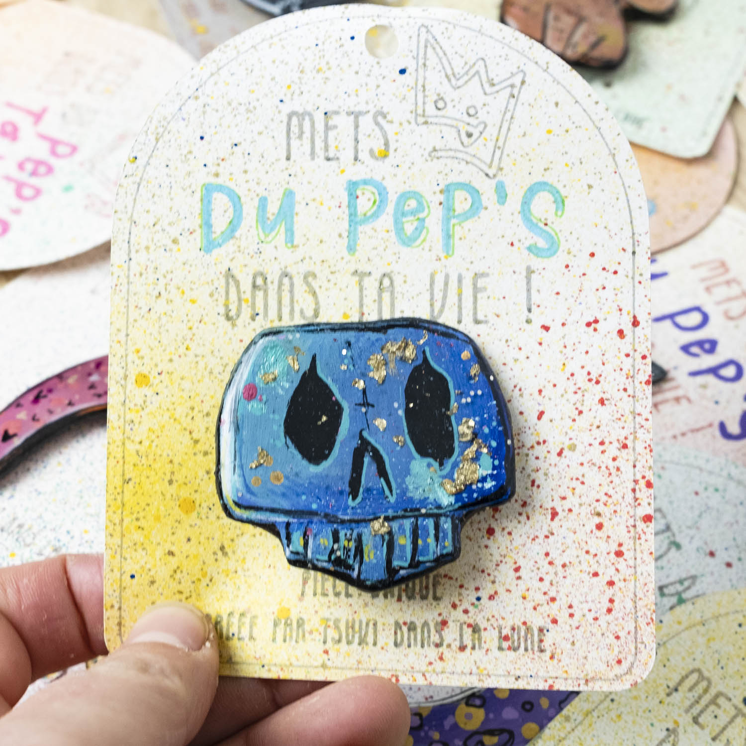 Broche n°186 - Tête De Mort Bleu & Doré